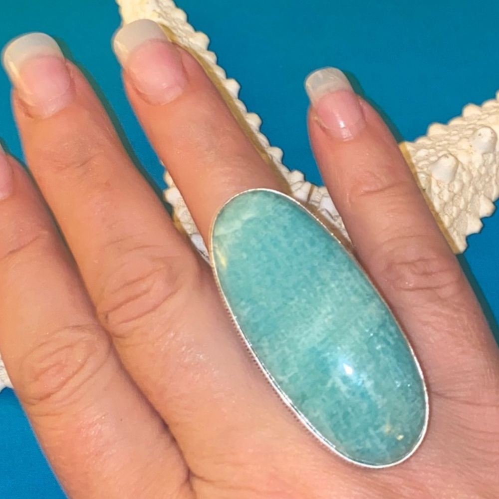 Huge Amazonite natural gemstone statement ring